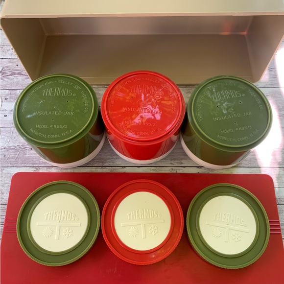 Vintage Thermos Insulated Jars #1155/3 Red Green Picnic Slide Lid Container - Picture 12 of 12